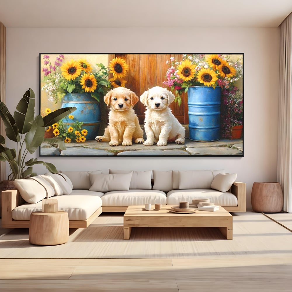 Tablou canvas cu pictura cu doi catei si floarea-soarelui, in rama de aluminiu negru, pe perete intr-un living